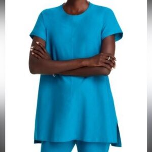 $228 NWT Eileen Fisher Jewel Crew Neck Tunic short sleeve top Blue Large